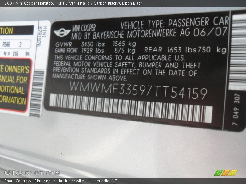 Pure Silver Metallic / Carbon Black/Carbon Black 2007 Mini Cooper Hardtop