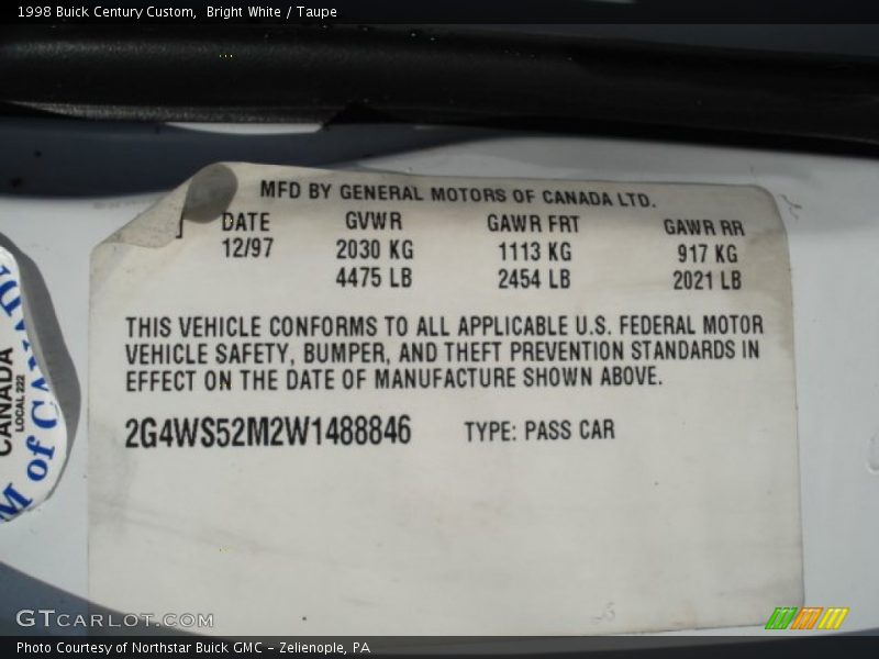 Bright White / Taupe 1998 Buick Century Custom