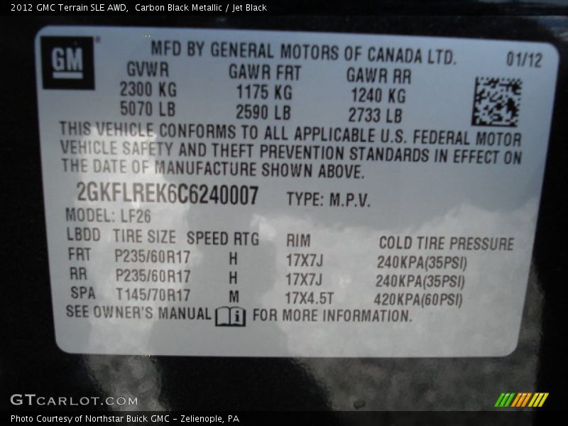 Carbon Black Metallic / Jet Black 2012 GMC Terrain SLE AWD