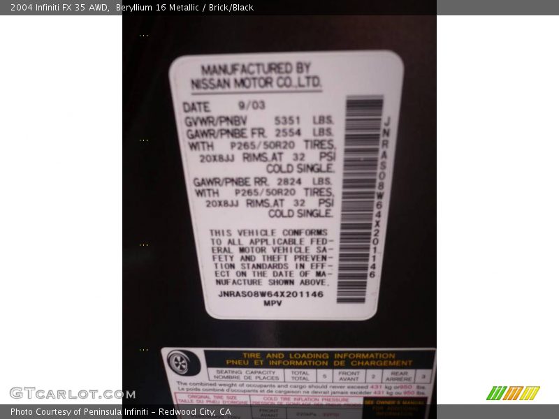 Beryllium 16 Metallic / Brick/Black 2004 Infiniti FX 35 AWD