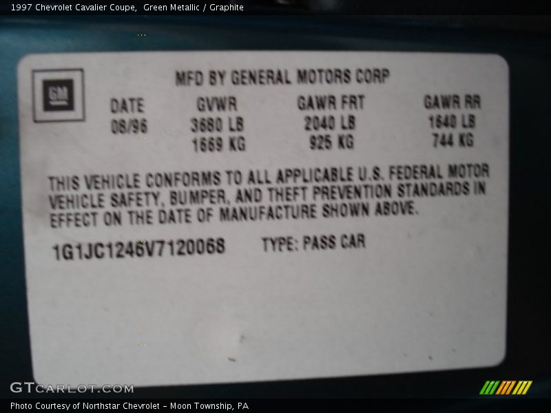 Green Metallic / Graphite 1997 Chevrolet Cavalier Coupe