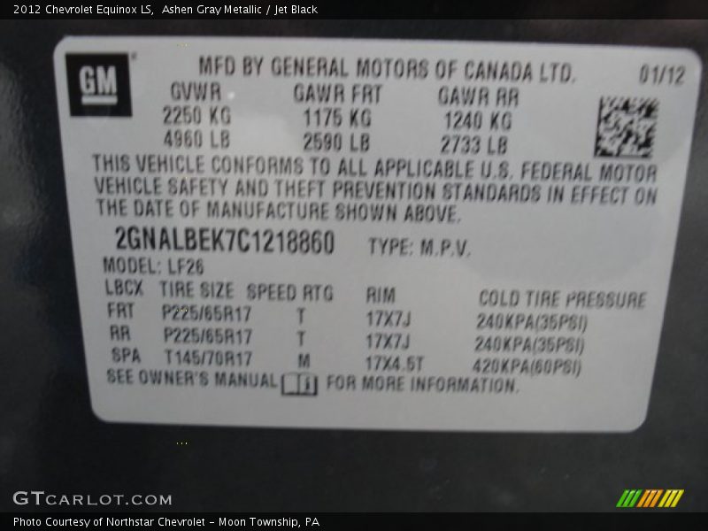 Ashen Gray Metallic / Jet Black 2012 Chevrolet Equinox LS