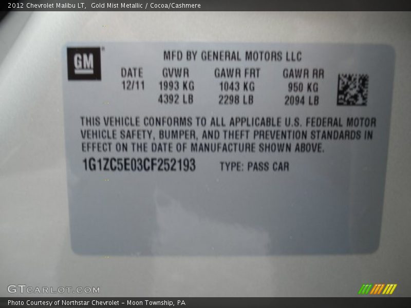 Gold Mist Metallic / Cocoa/Cashmere 2012 Chevrolet Malibu LT
