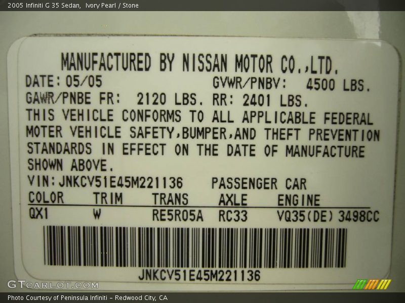 Ivory Pearl / Stone 2005 Infiniti G 35 Sedan