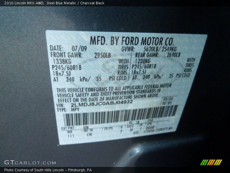 2010 MKX AWD Steel Blue Metallic Color Code UN