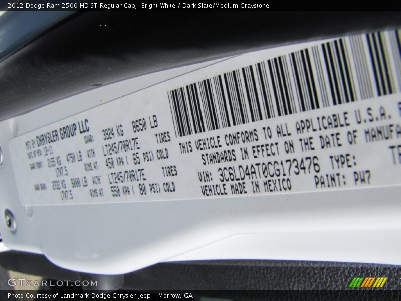 Bright White / Dark Slate/Medium Graystone 2012 Dodge Ram 2500 HD ST Regular Cab