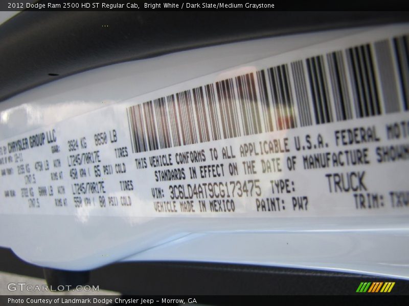 Bright White / Dark Slate/Medium Graystone 2012 Dodge Ram 2500 HD ST Regular Cab