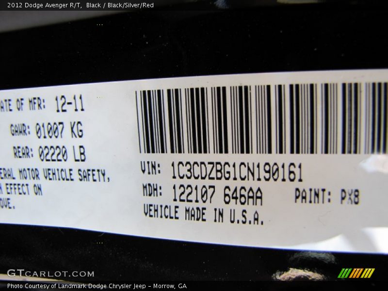 2012 Avenger R/T Black Color Code PX8