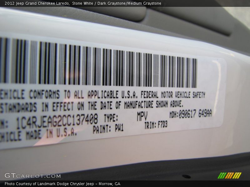 Stone White / Dark Graystone/Medium Graystone 2012 Jeep Grand Cherokee Laredo