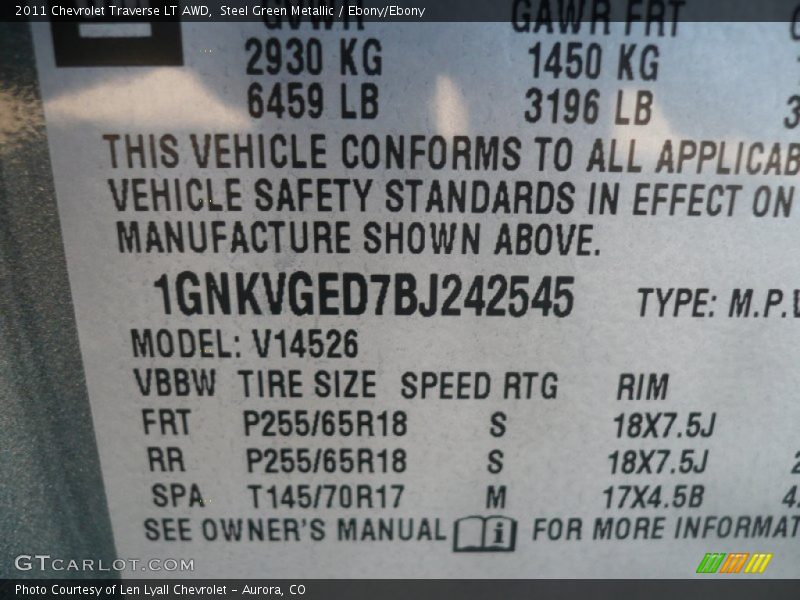 Steel Green Metallic / Ebony/Ebony 2011 Chevrolet Traverse LT AWD