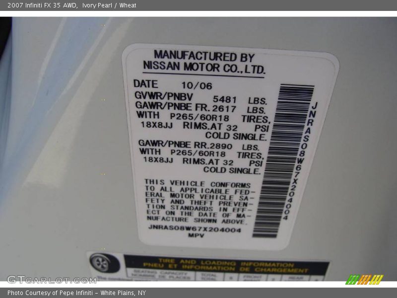 Ivory Pearl / Wheat 2007 Infiniti FX 35 AWD