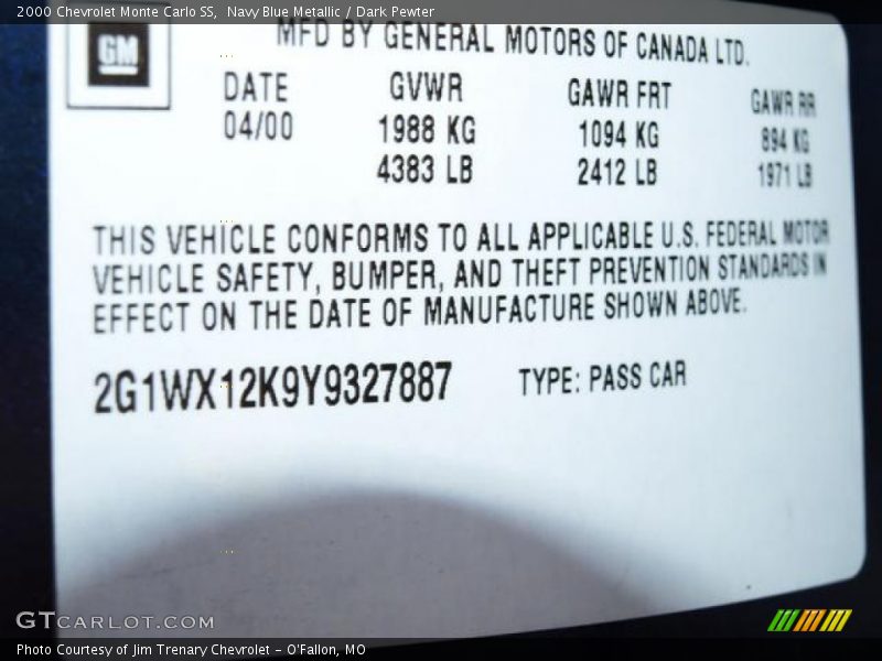 Navy Blue Metallic / Dark Pewter 2000 Chevrolet Monte Carlo SS