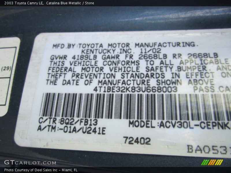 Catalina Blue Metallic / Stone 2003 Toyota Camry LE