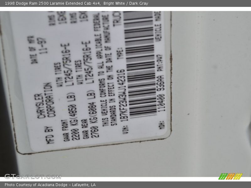 Bright White / Dark Gray 1998 Dodge Ram 2500 Laramie Extended Cab 4x4