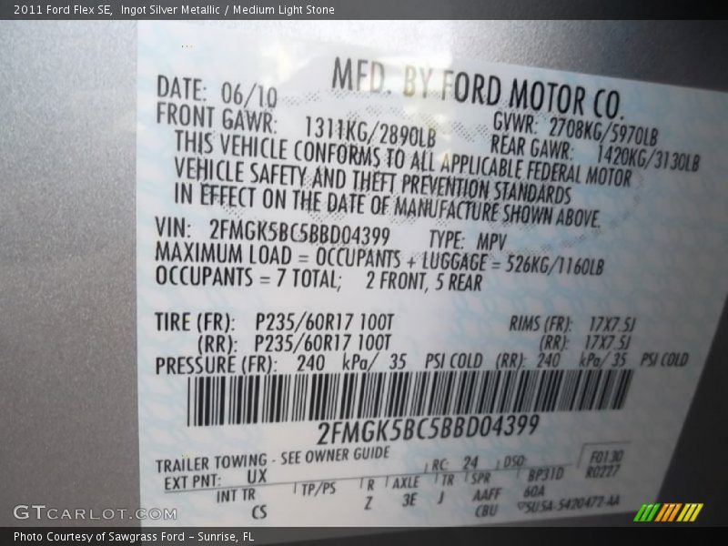 Ingot Silver Metallic / Medium Light Stone 2011 Ford Flex SE