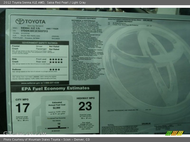  2012 Sienna XLE AWD Window Sticker