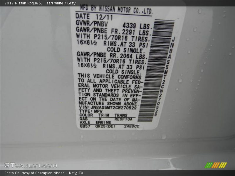 Pearl White / Gray 2012 Nissan Rogue S
