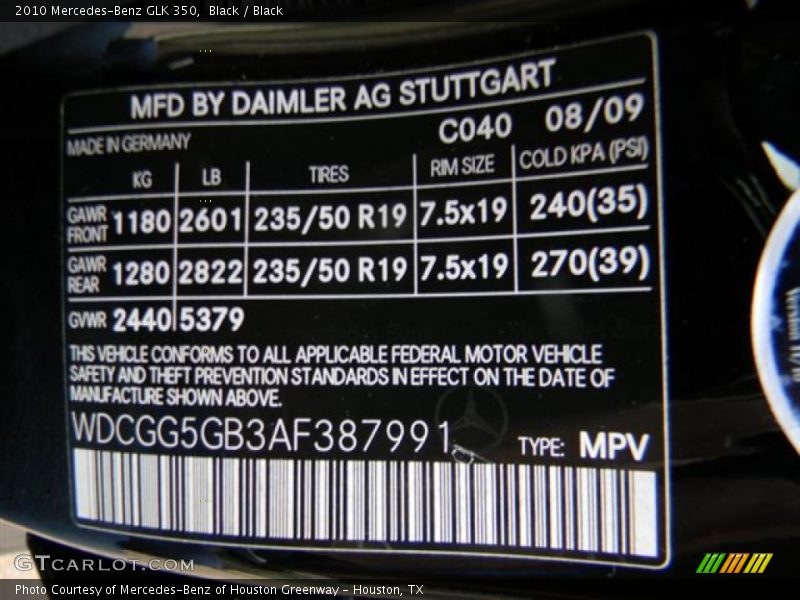 Black / Black 2010 Mercedes-Benz GLK 350