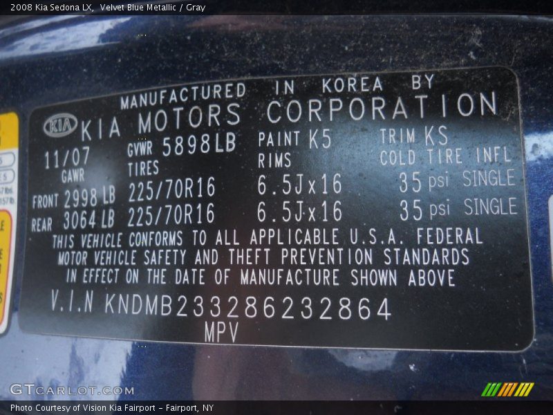 Velvet Blue Metallic / Gray 2008 Kia Sedona LX