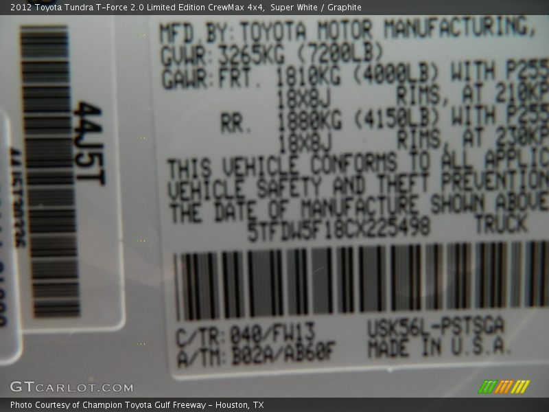 Super White / Graphite 2012 Toyota Tundra T-Force 2.0 Limited Edition CrewMax 4x4
