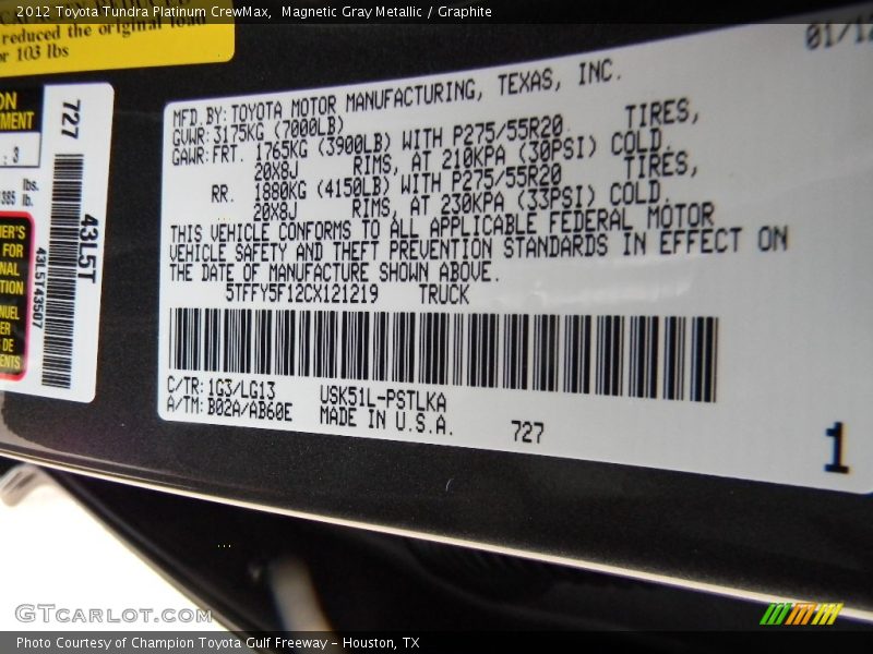 2012 Tundra Platinum CrewMax Magnetic Gray Metallic Color Code 1G3