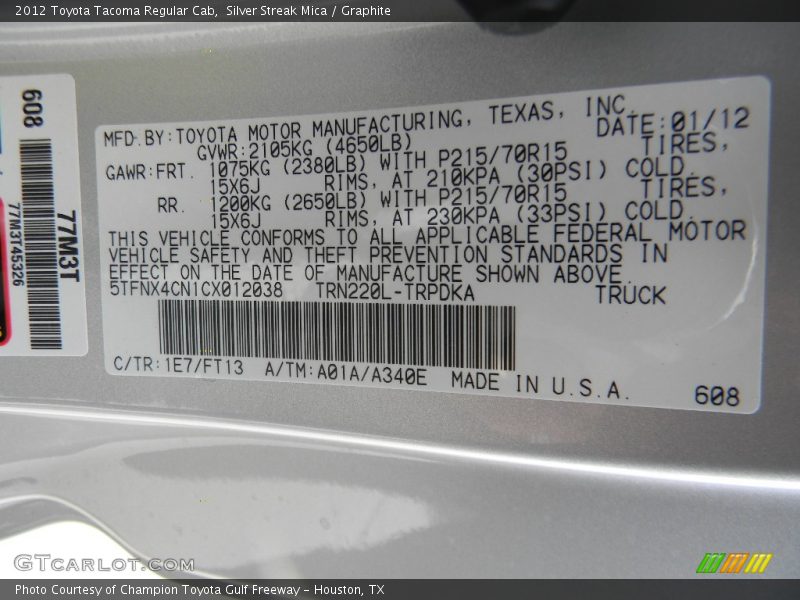 2012 Tacoma Regular Cab Silver Streak Mica Color Code 1E7