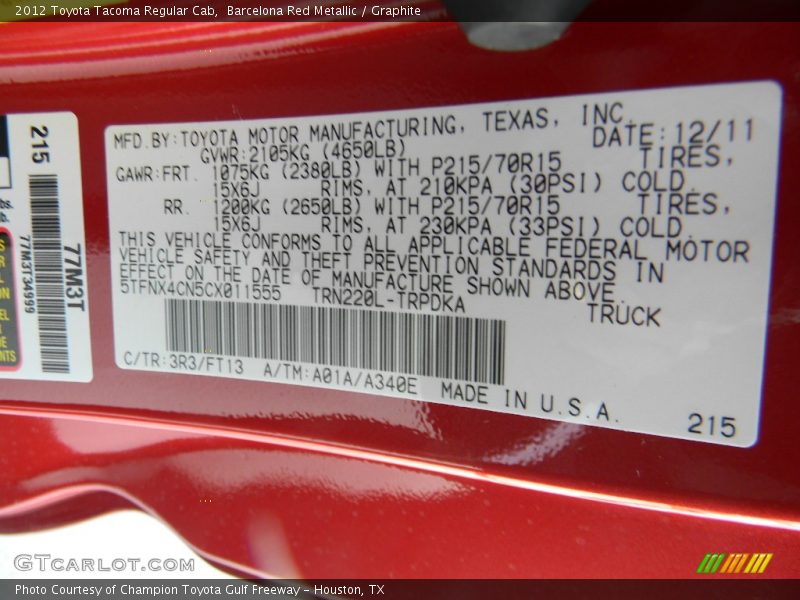 2012 Tacoma Regular Cab Barcelona Red Metallic Color Code 3R3