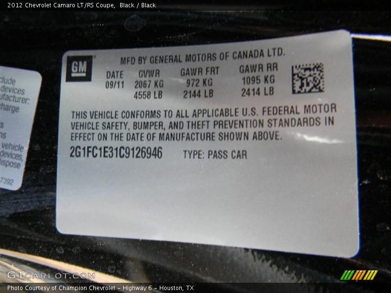 Black / Black 2012 Chevrolet Camaro LT/RS Coupe