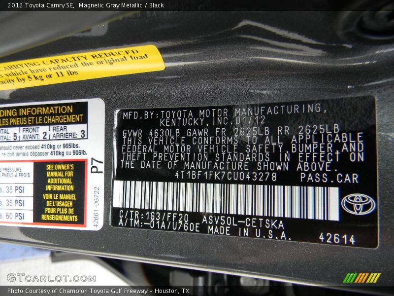 2012 Camry SE Magnetic Gray Metallic Color Code 1G3
