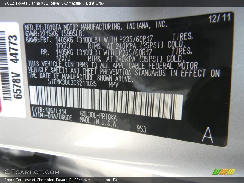 Silver Sky Metallic / Light Gray 2012 Toyota Sienna XLE