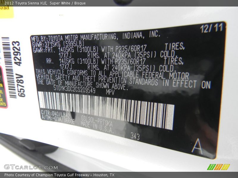 2012 Sienna XLE Super White Color Code 040