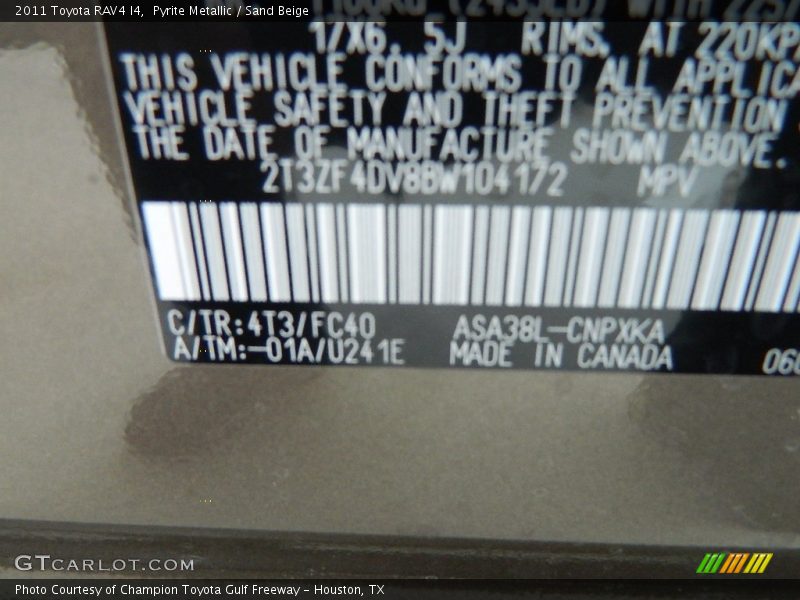 2011 RAV4 I4 Pyrite Metallic Color Code 4T3