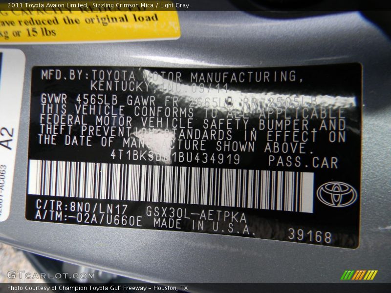Sizzling Crimson Mica / Light Gray 2011 Toyota Avalon Limited