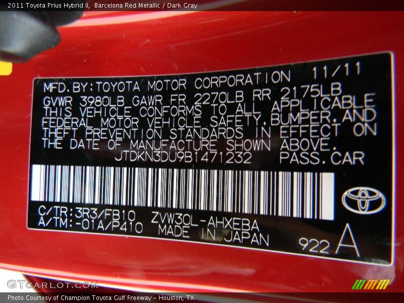 2011 Prius Hybrid II Barcelona Red Metallic Color Code 3R3