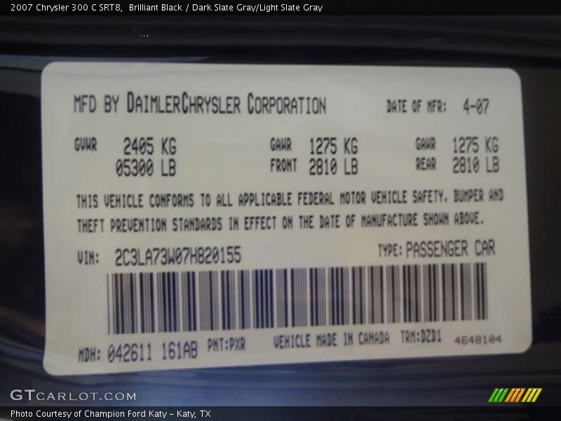 2007 300 C SRT8 Brilliant Black Color Code PXR