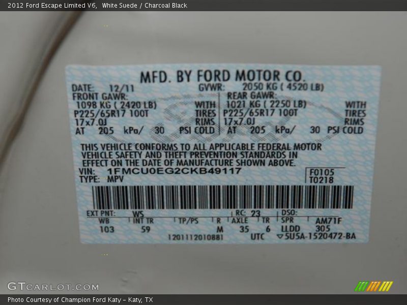 White Suede / Charcoal Black 2012 Ford Escape Limited V6