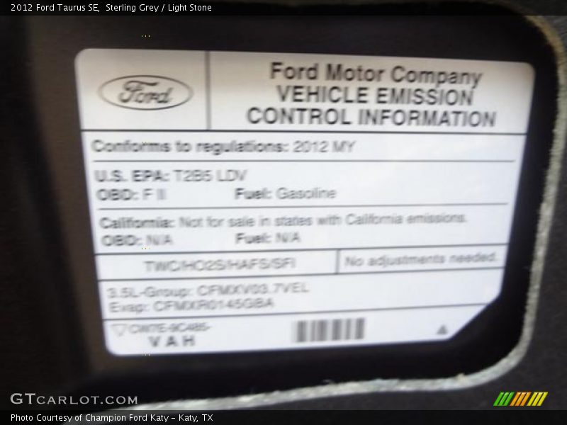 Info Tag of 2012 Taurus SE