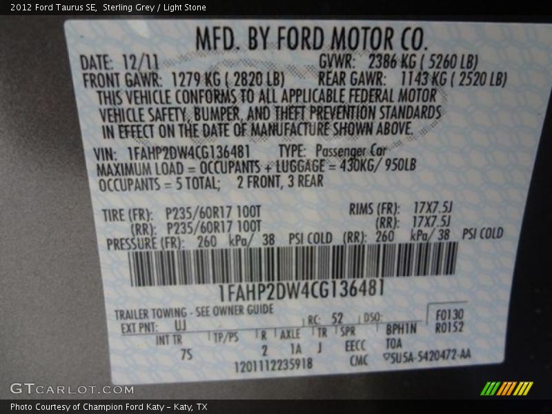 2012 Taurus SE Sterling Grey Color Code UJ