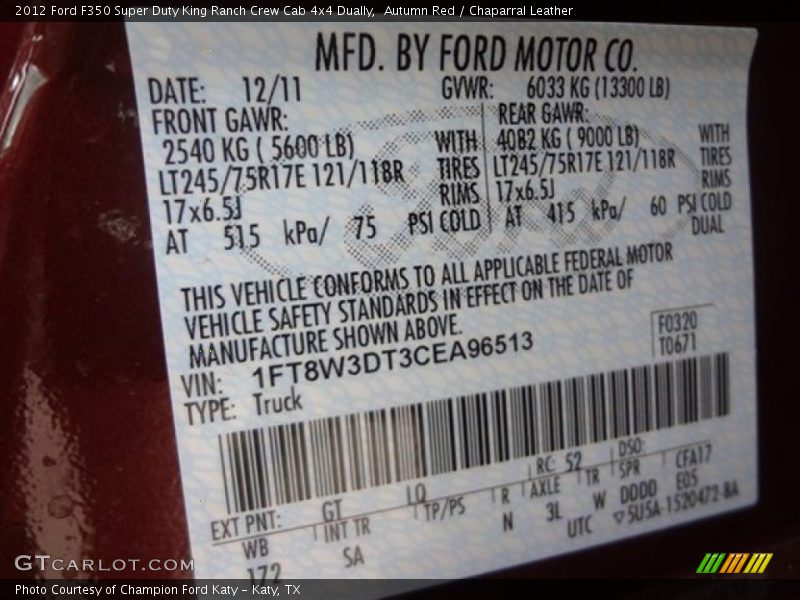 2012 F350 Super Duty King Ranch Crew Cab 4x4 Dually Autumn Red Color Code GT
