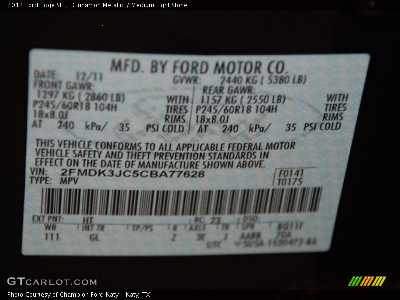 Cinnamon Metallic / Medium Light Stone 2012 Ford Edge SEL