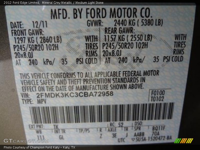 Mineral Grey Metallic / Medium Light Stone 2012 Ford Edge Limited