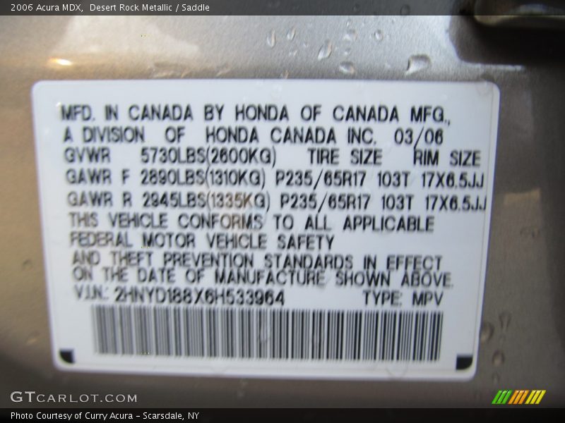 Desert Rock Metallic / Saddle 2006 Acura MDX