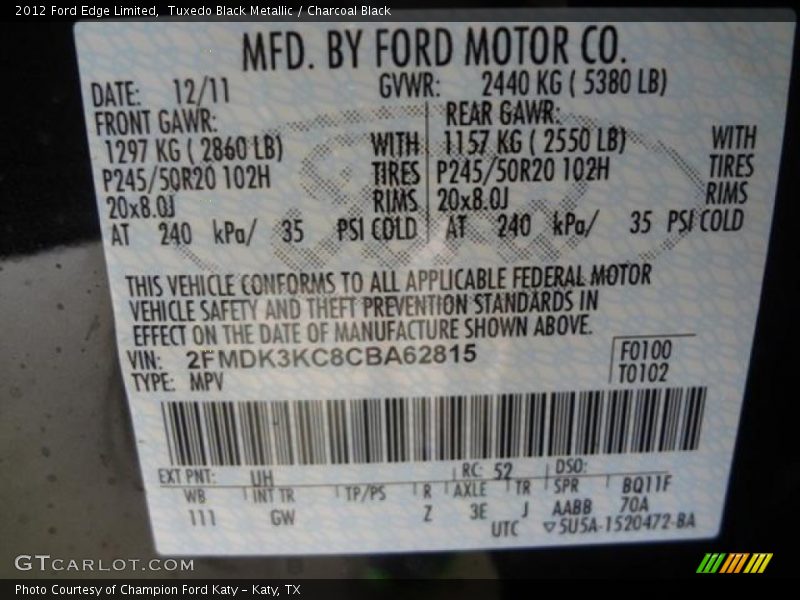 Tuxedo Black Metallic / Charcoal Black 2012 Ford Edge Limited