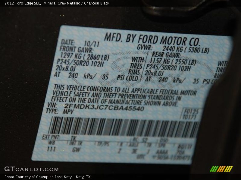 Mineral Grey Metallic / Charcoal Black 2012 Ford Edge SEL