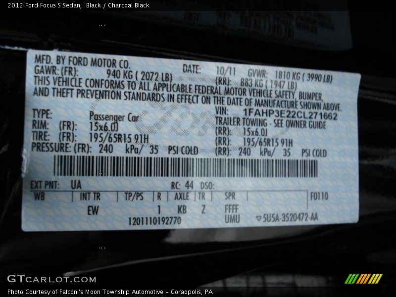 Black / Charcoal Black 2012 Ford Focus S Sedan