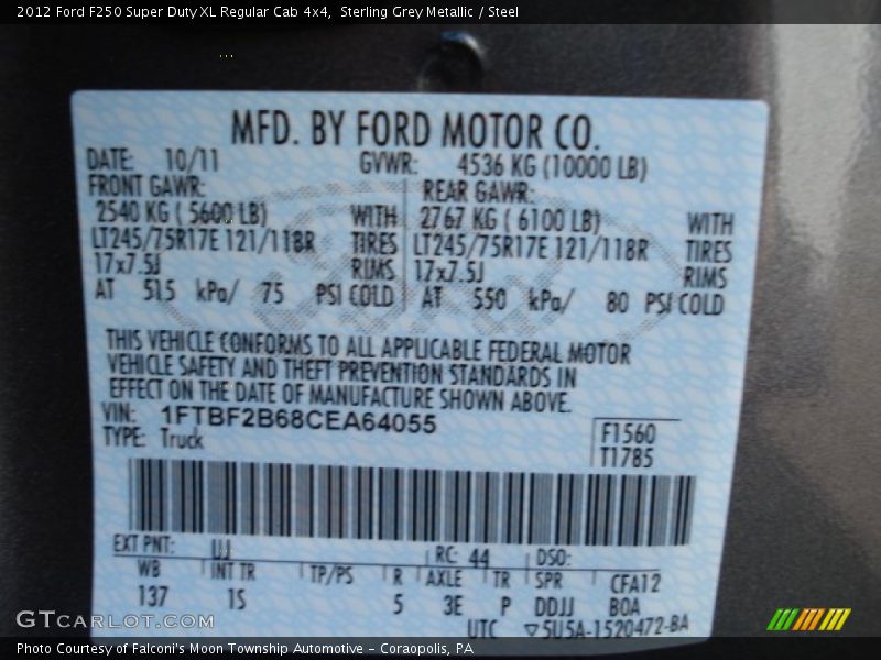 Sterling Grey Metallic / Steel 2012 Ford F250 Super Duty XL Regular Cab 4x4