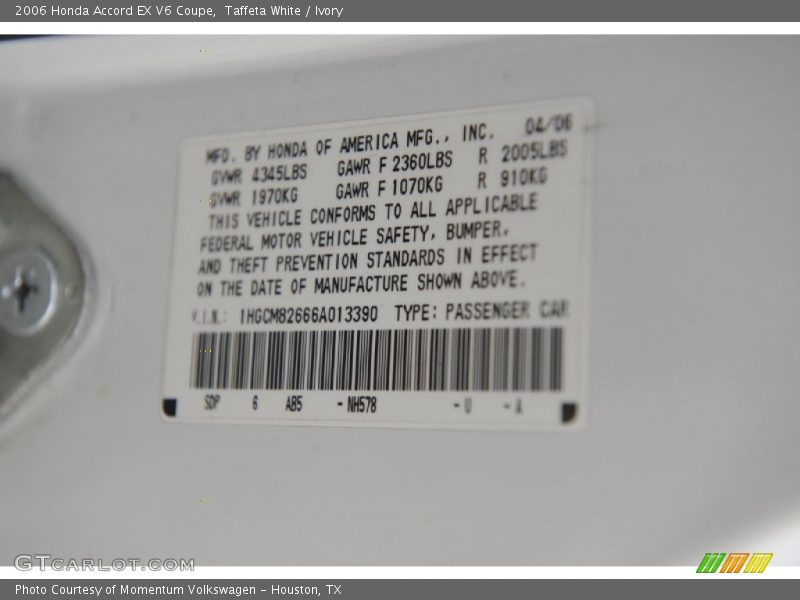 Taffeta White / Ivory 2006 Honda Accord EX V6 Coupe