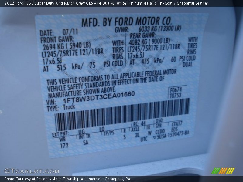 2012 F350 Super Duty King Ranch Crew Cab 4x4 Dually White Platinum Metallic Tri-Coat Color Code UG