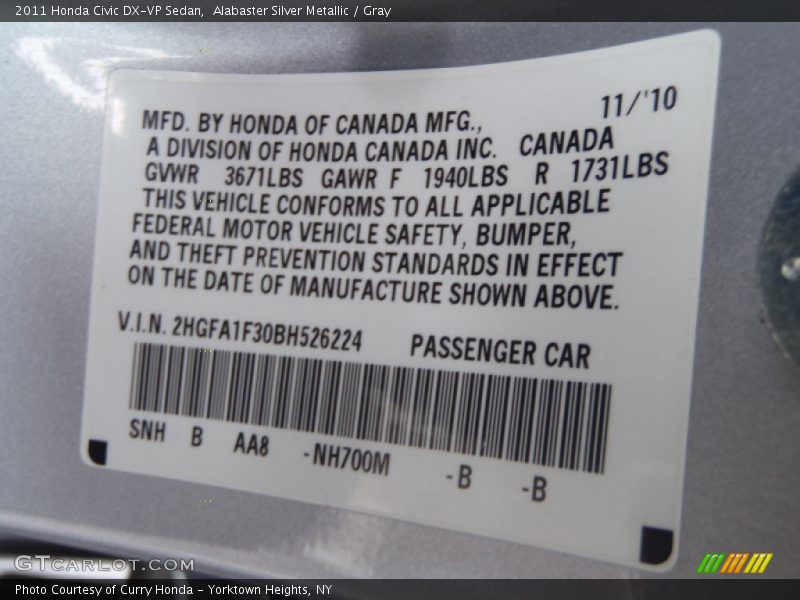 Alabaster Silver Metallic / Gray 2011 Honda Civic DX-VP Sedan