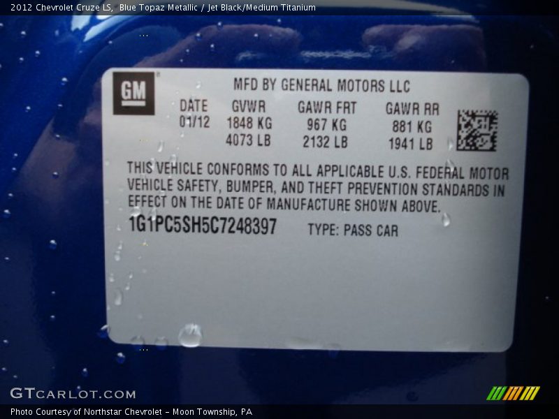 Blue Topaz Metallic / Jet Black/Medium Titanium 2012 Chevrolet Cruze LS